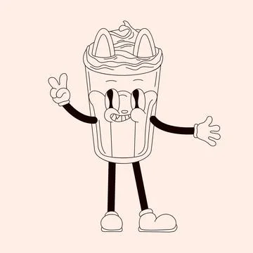 Groovy drink cat character in shape of frappe iced coffee in line art style Stock Illustration