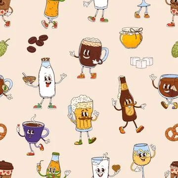 Groovy drink characters seamless pattern for menu 스톡 일러스트