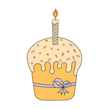 Groovy Easter cake with candle decorated with a bow. Vintage hippie psyched.. Stock Illustration