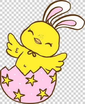 Groovy Easter Chicken Bunny Ears in Egg Cartoon Hand Drawn Stock Illustration