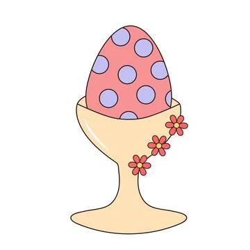 Groovy Easter egg with pattern in an egg stand decorated flowers. Vintage h.. Illustrazione stock