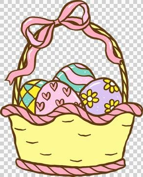Groovy Easter Eggs Basket with Pink Bow Doodle Hand Drawn Stock Illustration