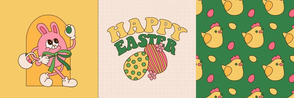 Groovy Easter square cards set. Spring bright character bunny mascot in retro Stock Illustration