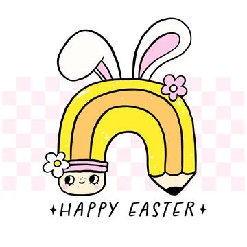Groovy Easter Teacher School, Happy Easter Pencil Rainbow with Bunny Ears H.. Stock Illustration
