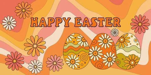 Groovy Easter Vector Banner with Retro 70s Daisies and Psychedelic Decorate.. 스톡 일러스트