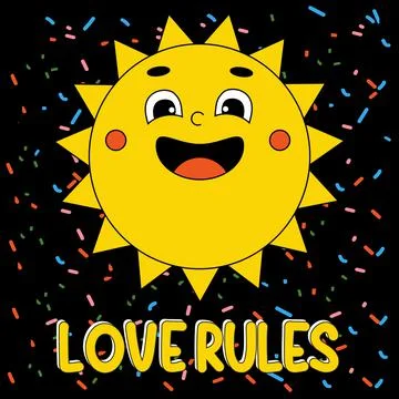 Groovy element funky sun. Funny cartoon character. Love rules quote. Vector i Stock Illustration