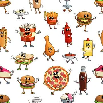 Groovy fast food characters pattern, funny snacks Stock Illustration