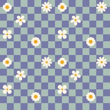 Groovy flower checkered pattern. Retro seamless pattern with simple flowers in Stock Illustration