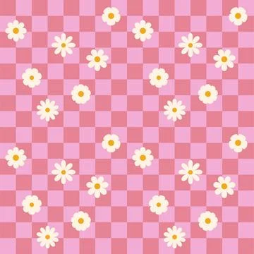 Groovy flower checkered pattern. Retro seamless pattern with simple flowers in Stock Illustration