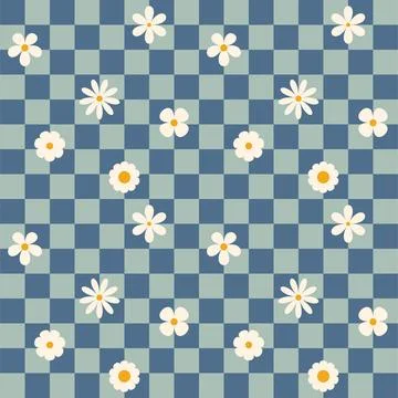 Groovy flower checkered pattern. Retro seamless pattern with simple flowers in Stock Illustration