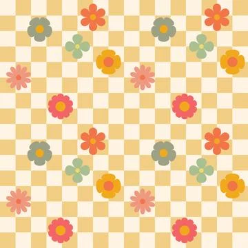 Groovy flower checkered pattern. Retro seamless pattern with simple flowers in Stock Illustration