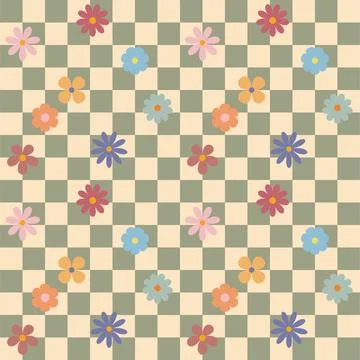 Groovy flower checkered pattern. Retro seamless pattern with simple flowers in Stock Illustration