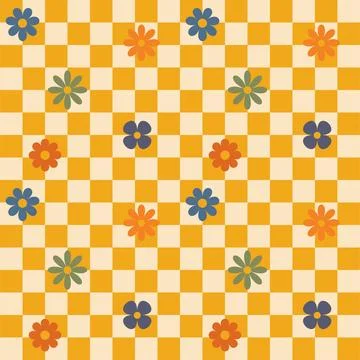 Groovy flower checkered pattern. Retro seamless pattern with simple flowers in Stock Illustration