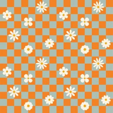 Groovy flower checkered pattern. Retro seamless pattern with simple flowers in Stockillustratie