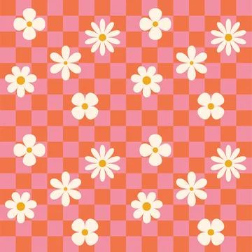 Groovy flower checkered pattern. Retro seamless pattern with simple flowers in Stock Illustration