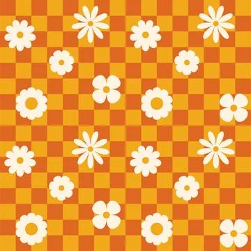 Groovy flower checkered pattern. Retro seamless pattern with simple flowers in Stock Illustration