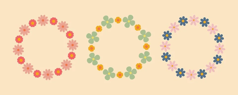 Groovy flower circle frame set. Floral circle frame. Hand drawn simple botanical Stock Illustration