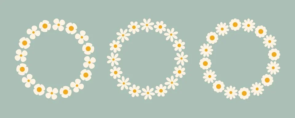 Groovy flower circle frame set. Floral simple circle frame. Hand drawn botanical Stock Illustration