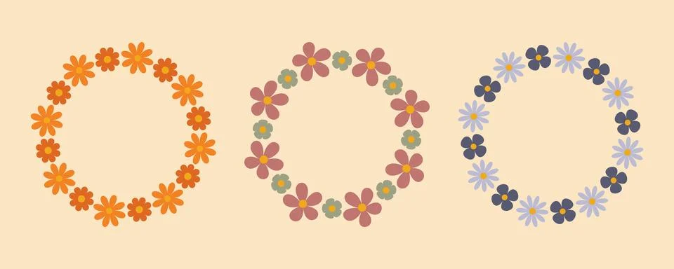 Groovy flower circle frame set. Floral circle frame. Hand drawn simple botanical Stock Illustration
