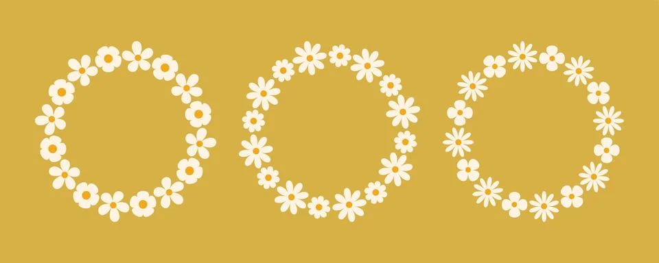 Groovy flower circle frame set. Floral simple circle frame. Hand drawn botanical Stock Illustration