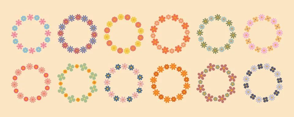 Groovy flower circle frame set. Floral simple circle frame. Hand drawn botanical Stock Illustration