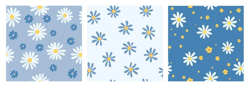 Groovy flower patterns set. Seamless endless background, floral repeating pri Ilustração Stock