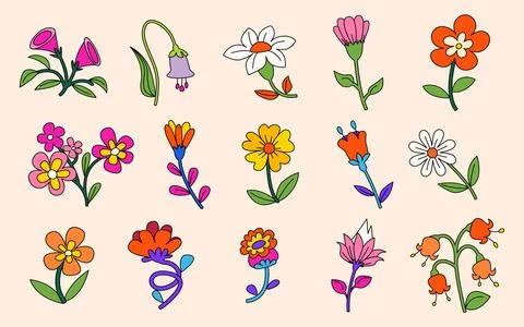 Groovy flower vector set with cute daisy patterns Illustrazione stock