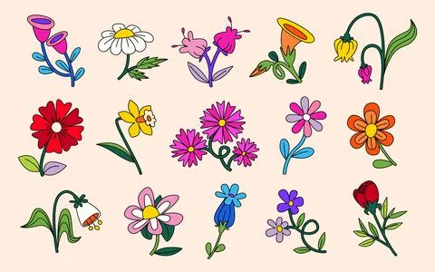 Groovy flower vector set with cute daisy patterns イラスト素材