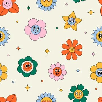 Groovy flowers seamless pattern. Psychedelic modern print with funny floral Stock Illustration