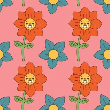 Groovy flowers seamless pattern. Retro 70s smiling face flowers graphic elements Stock Illustration