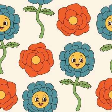 Groovy flowers seamless pattern. Retro 70s smiling face flowers graphic elements Stock Illustration