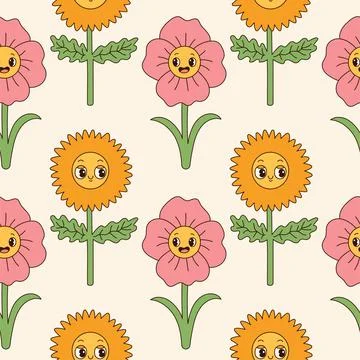 Groovy flowers seamless pattern. Retro 70s smiling face flowers graphic elements Stock Illustration