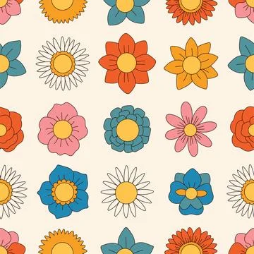 Groovy flowers seamless pattern. Retro 70s smiling face flowers graphic elements Stock Illustration