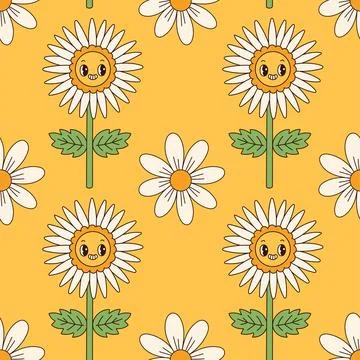 Groovy flowers seamless pattern. Retro 70s smiling face flowers graphic elements Stock Illustration