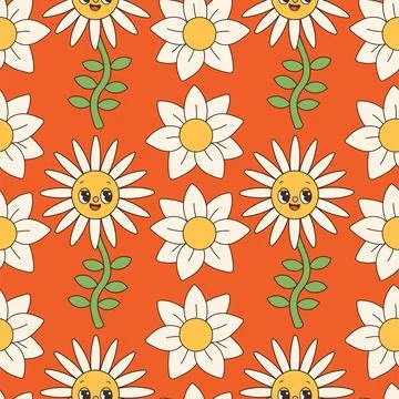 Groovy flowers seamless pattern. Retro 70s smiling face flowers graphic elements Stock Illustration