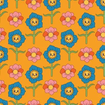 Groovy flowers seamless pattern. Retro 70s smiling face flowers graphic elements Stock Illustration