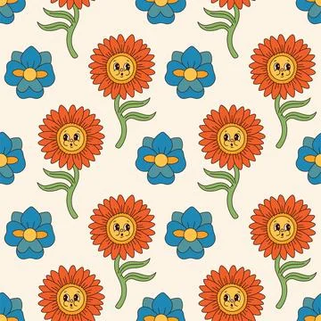 Groovy flowers seamless pattern. Retro 70s smiling face flowers graphic elements Stock Illustration