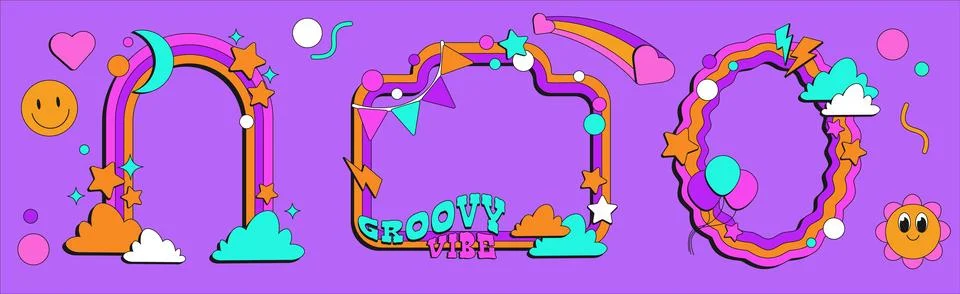 Groovy frames set with smiling face Stock Illustration