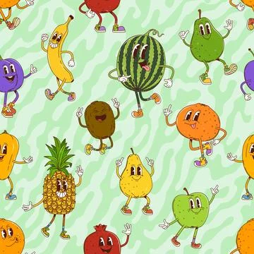 Groovy fruit characters seamless tile pattern Stock Illustration