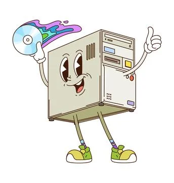 Groovy funky computer PC retro cartoon character Stock Illustration