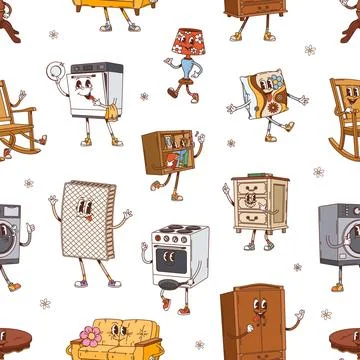 Groovy furniture seamless pattern, vector tile Stock Illustration