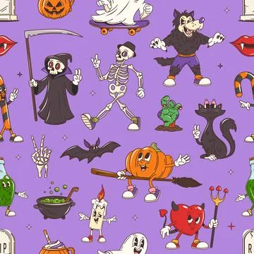 Groovy Halloween characters seamless pattern 스톡 일러스트