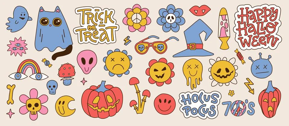 Groovy halloween elements set in retro groovy 70s style. Psychedelic collection Stock Illustration