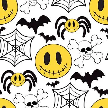 Groovy halloween seamless pattern 70s style. Psychedelic hippie endless texture Stock Illustration