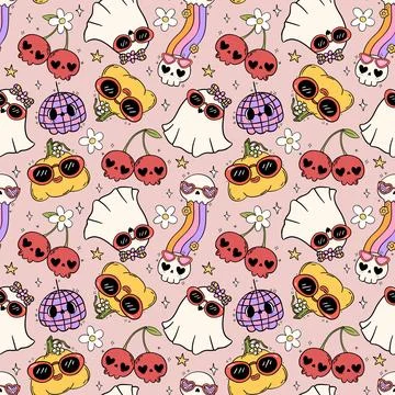Groovy Halloween seamless Pattern Funky Festive Repeat Background isolated .. Stock Illustration