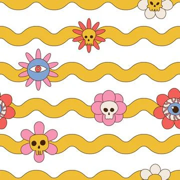 Groovy halloween seamless pattern in retro 70s style. Psychedelic hippie endless Stock Illustration
