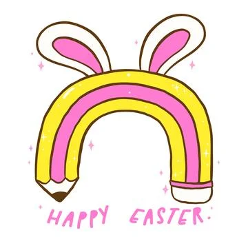 Groovy Happy Easter Pencil Rainbow with Bunny Ears, Easter School Hand Drawn Illustrazione stock