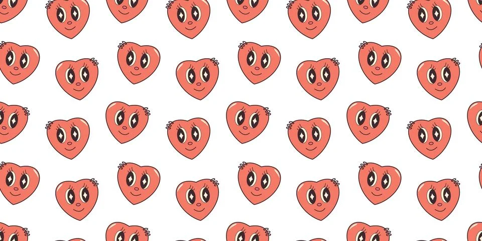 Groovy Hearts Seamless Pattern. Psychedelic Valentine Background in 1970s-198 Stock Illustration