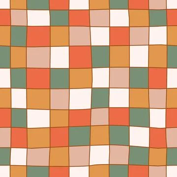 Groovy hippie 70s seamless pattern. Checkerboard, chessboard, mesh, waves イラスト素材