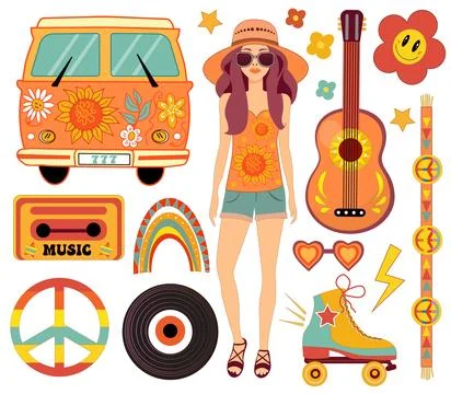 Groovy hippie 70s vector set. Cartoon funny style. Psychedelic flower, heart Stock Illustration